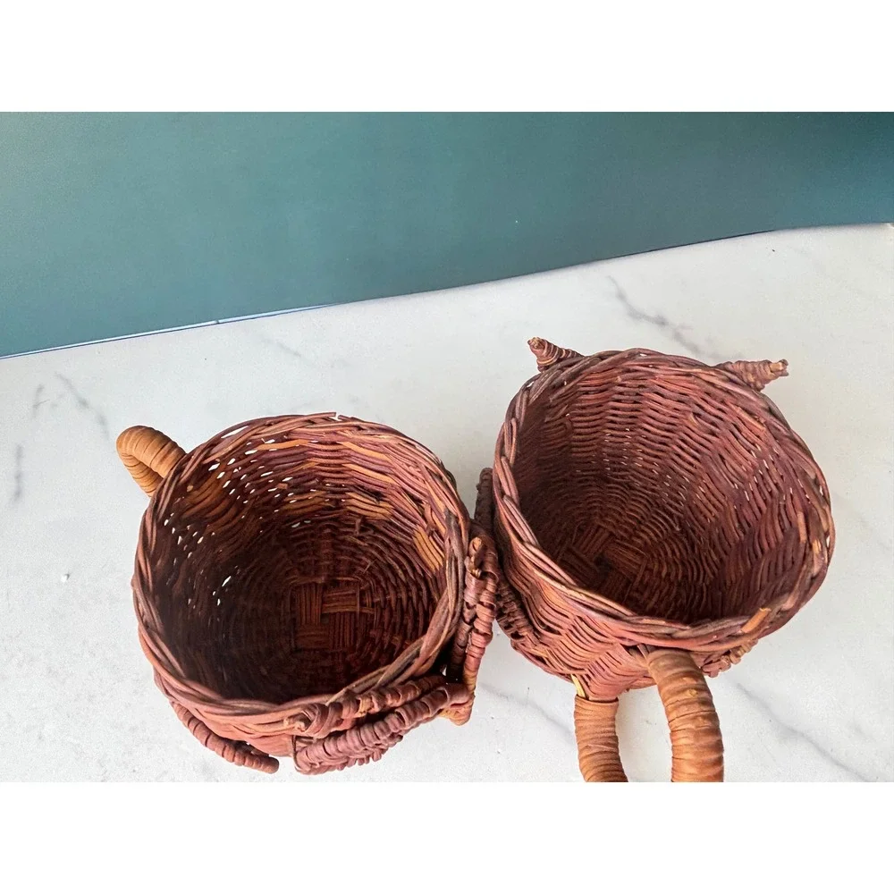 Vintage Owl Wicker Basket Cups Set of 2 Brown Woven Boho Storage Handles